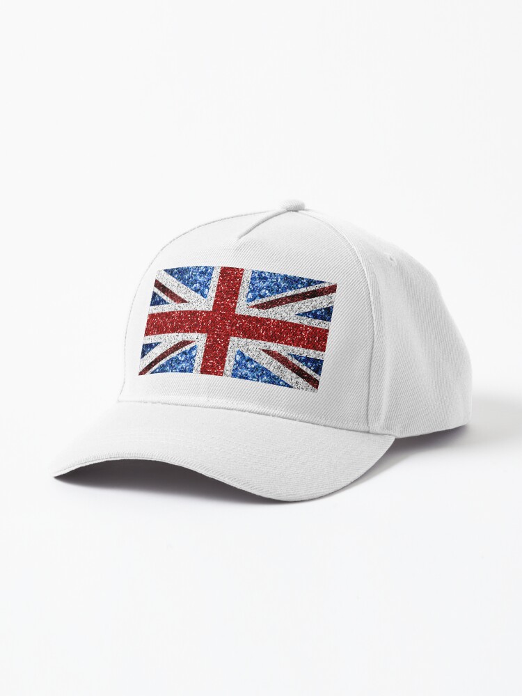UK flag red blue white faux sparkles glitters United Kingdom British Union Jack Photo of Glitter Not Reflective Cap for Sale by PLdesign Redbubble