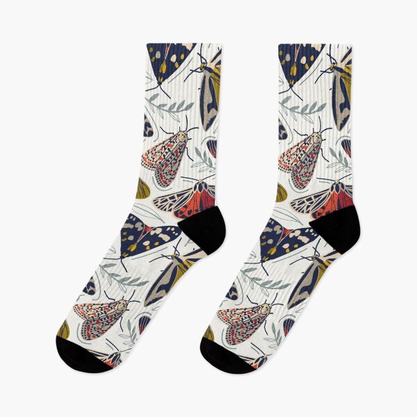 Item preview, Quirky beautiful moths // natural white textured background oxford navy blue ivory yellow and red tiger moth insects designed and sold by SelmaCardoso.