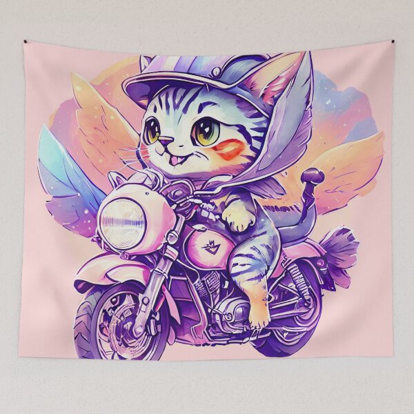Aperçu de l'œuvre Dreamy Cute Cat Biker - Adorable félin sur une moto de style Harley Cat Miaw créée et vendue par DC Low.