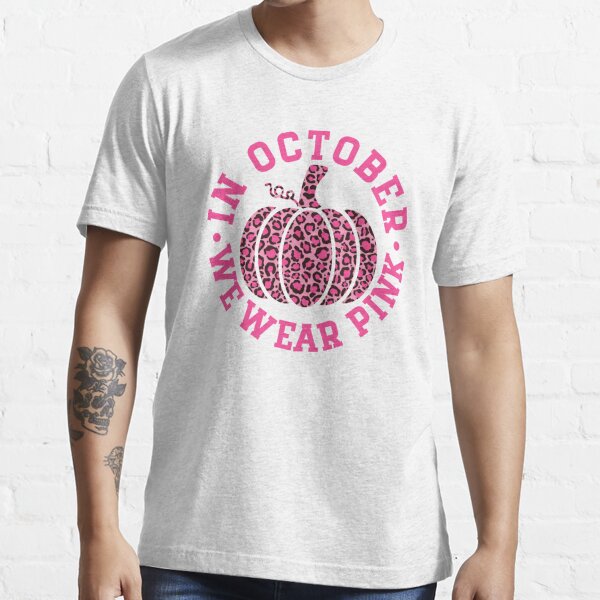 October We Wear Pink and Black Leopard Print Pumpkin - Breast Cancer Awareness Pink Font Essential T-Shirt