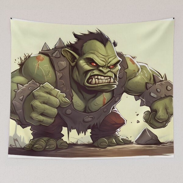 Item preview, Green muscular orc bodybuilder with huge arms clenching his fangs in cartoon style designed and sold by SingularityGeek.