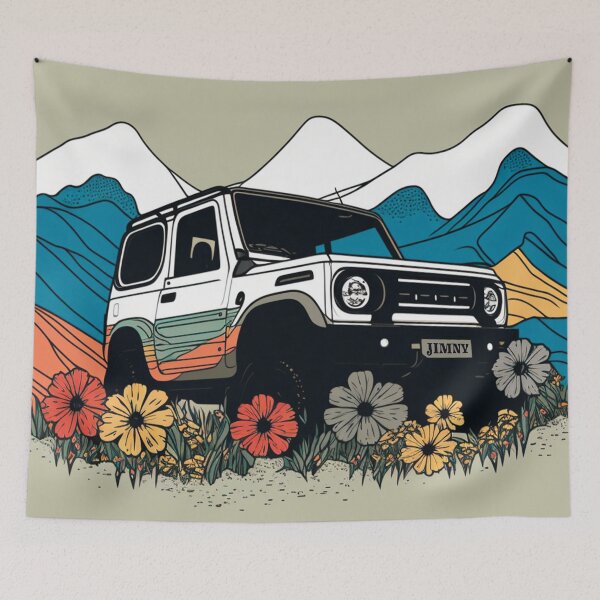 Item preview, White Jimny in a Field of Flowers exploring Mountains designed and sold by stoicjimny.