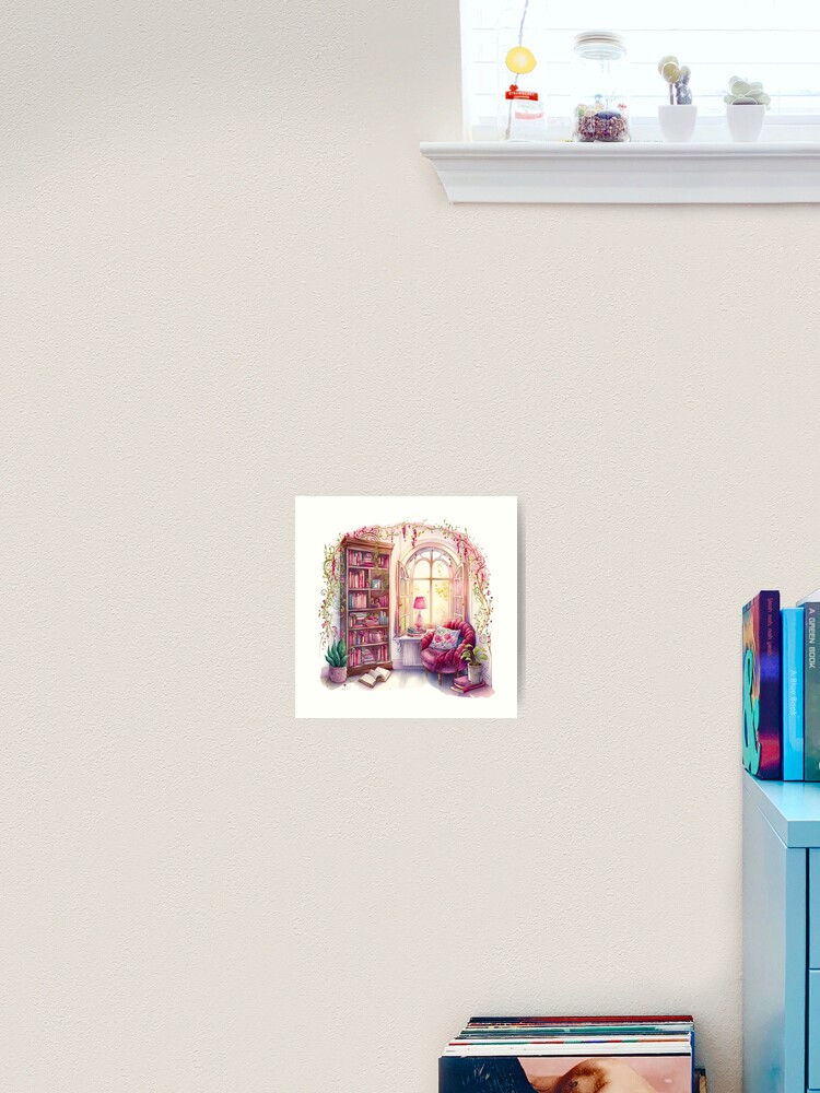 Cozy Corner (framed original watercolor, shops bookshelf art)