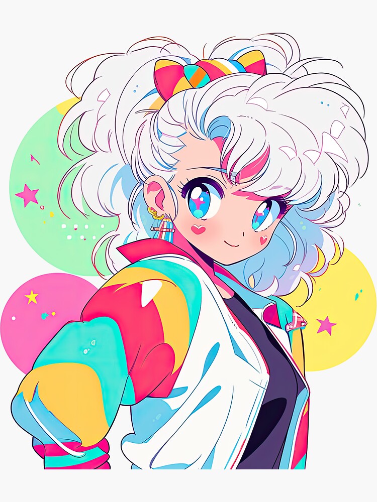 Anime Girl, 80s Retro Rainbow Aesthetic | Sticker