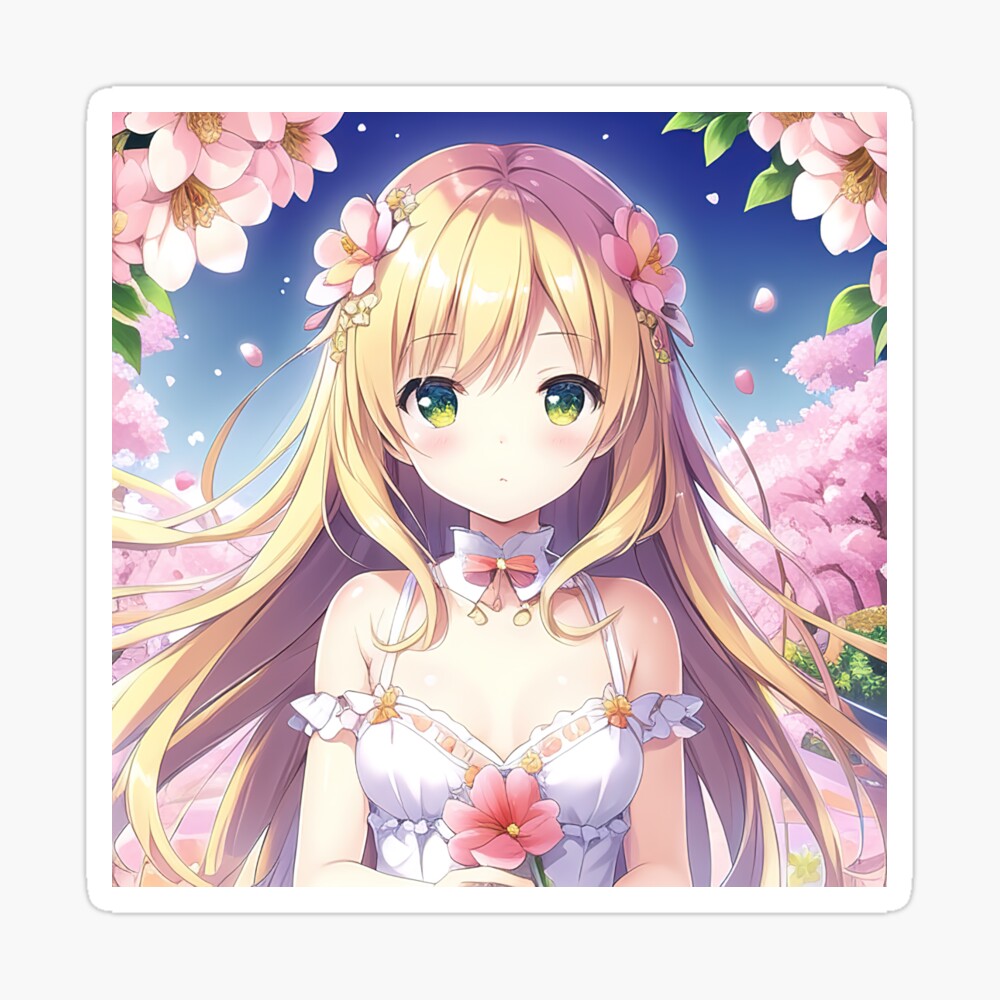 Blonde anime girl holding flower