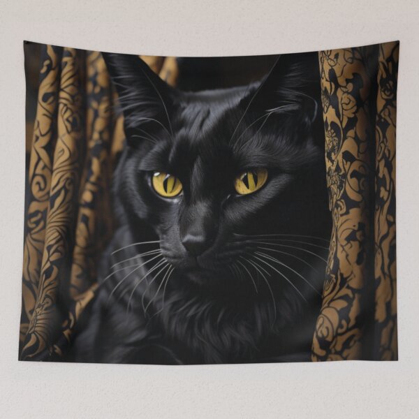 Item preview, Gato perto sentado em frente a uma cortina amarela designed and sold by GirlaineSQ.