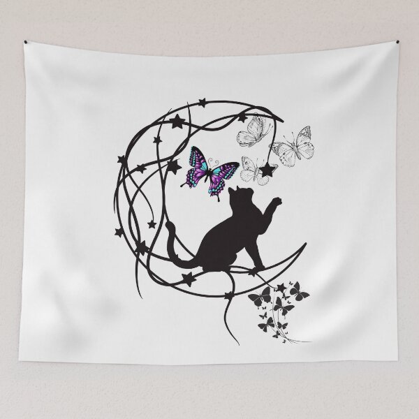Item preview, Decorative Black Cat Silhouette With Butterflies & Stars Design designed and sold by EarthArtDesigns.