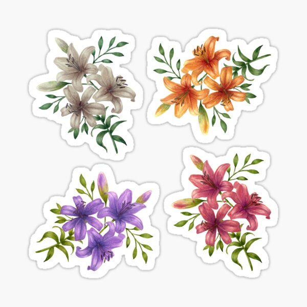 Lilienmix weiße orange rote lila Blüten und Knospen mit grünen Blättern Sticker