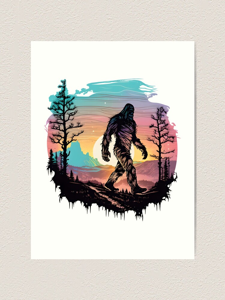 Bigfoot, Sasquatch walking during a vibrant sunset.