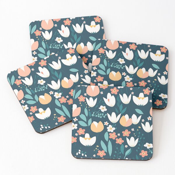 Item preview, Pink and White Flowers on Dark Blue Background Pattern designed and sold by Brainless Art.