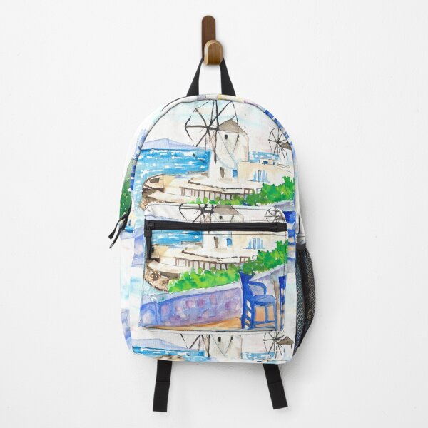 Item preview, Whimsical Mykonos: A Serene Seaside View with Windmills, Azure Chairs, and Watercolor Wonders designed and sold by artshop77.