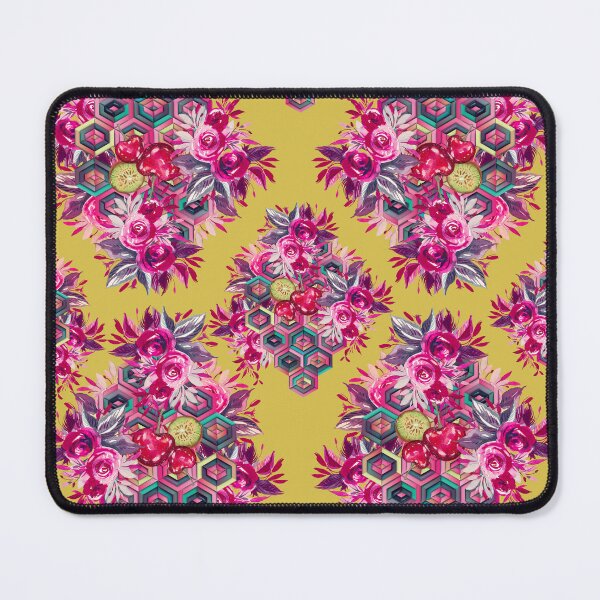 Item preview, Psychedelic folk art, red roses and hexagons on yellow background designed and sold by IngaDesign.