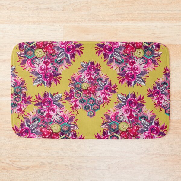 Item preview, Psychedelic folk art, red roses and hexagons on yellow background designed and sold by IngaDesign.