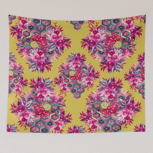 Item preview, Psychedelic folk art, red roses and hexagons on yellow background designed and sold by IngaDesign.