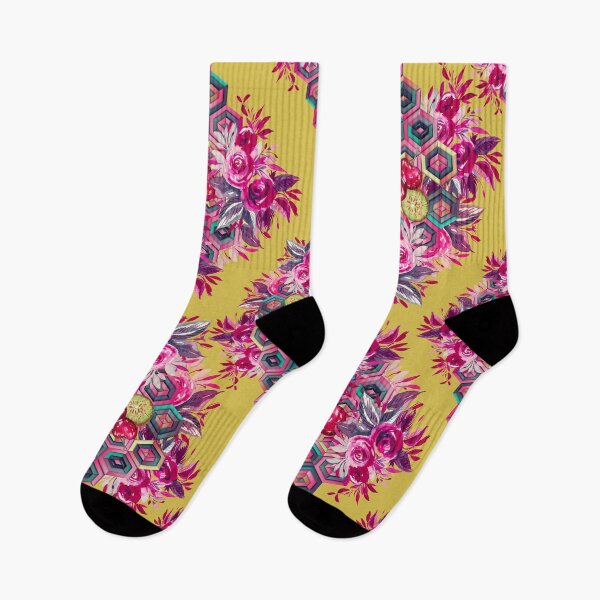 Item preview, Psychedelic folk art, red roses and hexagons on yellow background designed and sold by IngaDesign.