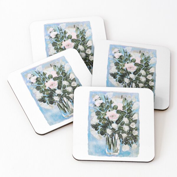 Item preview, White flowers in a glass vase on blue background, painting designed and sold by IngaDesign.