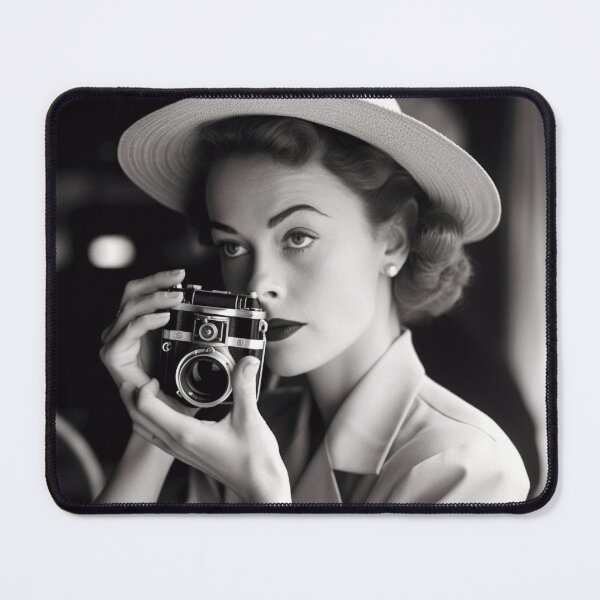 Item preview, Portrait Woman Photographer Black and White Vintage Print Female Face Hat BW designed and sold by Univers Noir et Blanc.