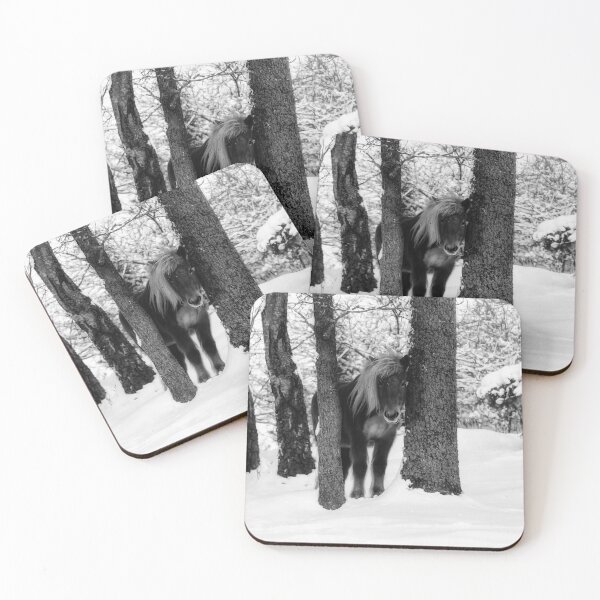 Item preview, Chestnut Horse Between Trees in Snowy Winter Landscape - Black & White designed and sold by Nicklas81.