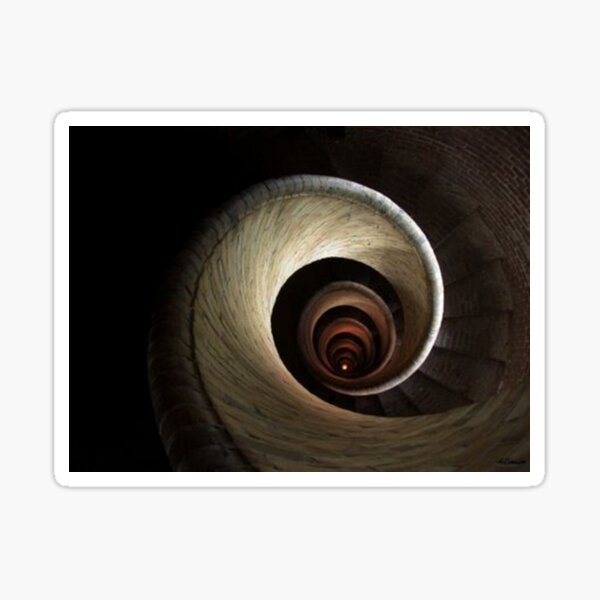 A top view of a spiral staircase that goes down, spiraling along the walls of an endless circular tunnel Sticker