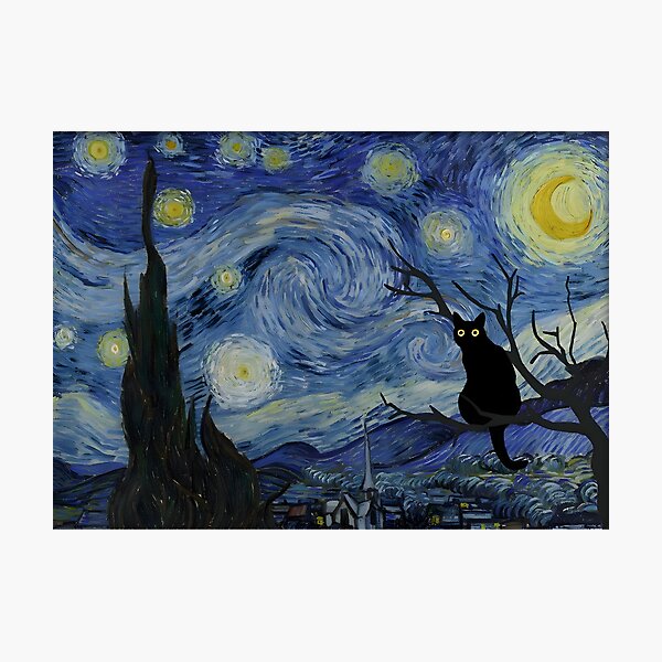 Aperçu de l'œuvre Impression de chat Nuit étoilée Vincent Van Gogh Chat noir créée et vendue par outdoorway.