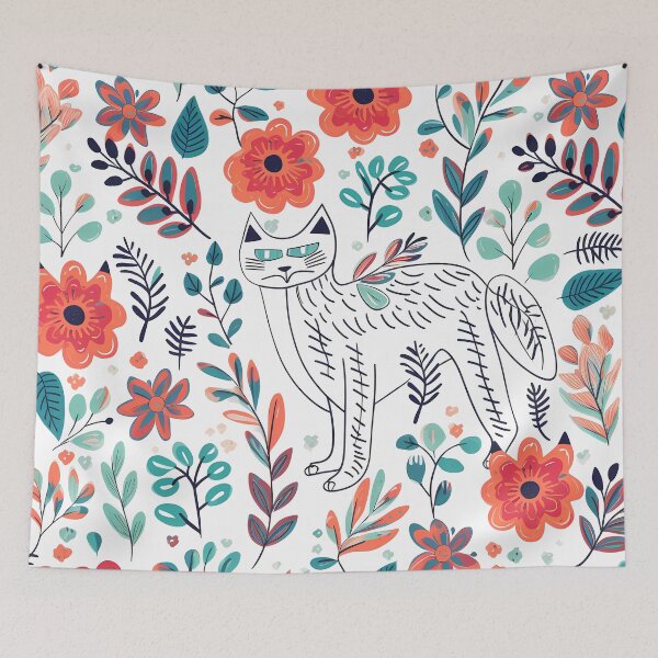 Item preview, Contemporary Floral Pattern Plus Cat designed and sold by MTJ-Mushrooms.