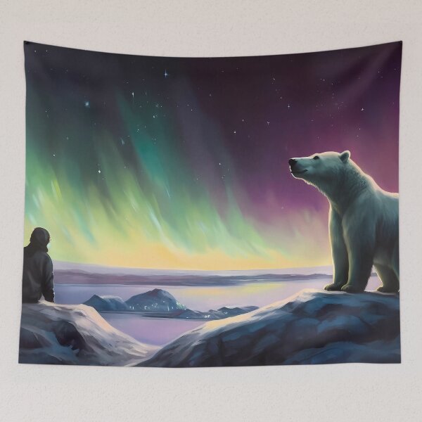 Item preview, Observing the aurora borealis with a white polar bear companion designed and sold by SingularityGeek.
