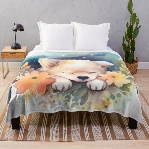 Item preview, Soft wolf puppy sleeping among pastel-colored flowers designed and sold by SingularityGeek.