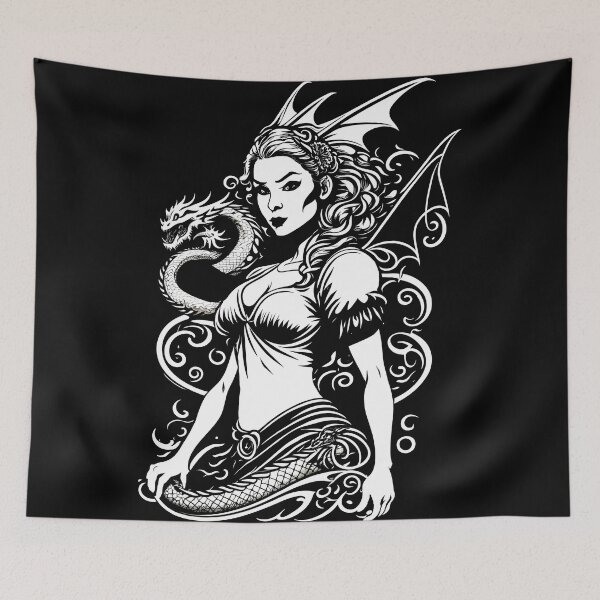 Item preview, Dragon Girl - Black and White Woman with Wings designed and sold by ByteyCreatives.