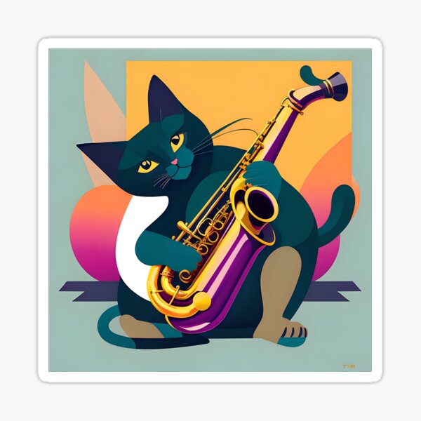 Sticker for Sale avec l'œuvre « Saxophone et chat dansant » de l'artiste  elgrafics