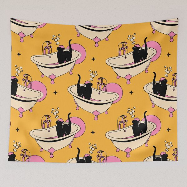 Item preview, Spa Day Black Cat Pattern in yellow designed and sold by charcoalcatco.