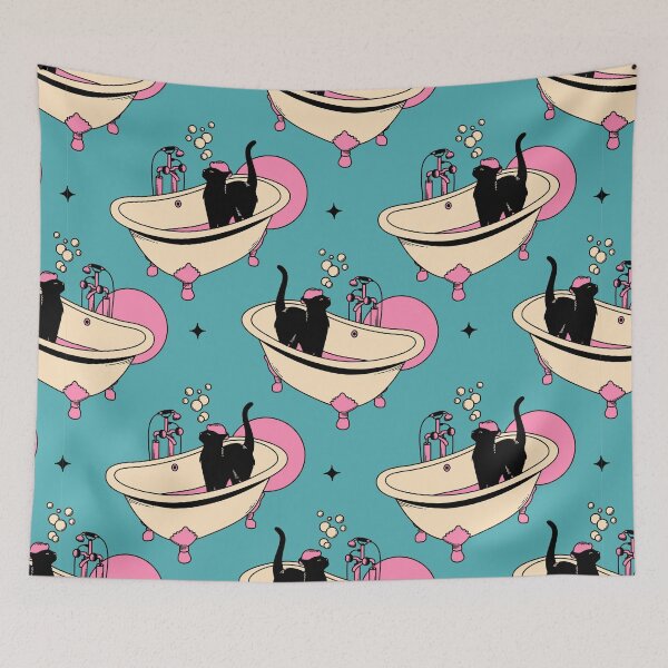 Item preview, Spa Day Black Cat Pattern in blue designed and sold by charcoalcatco.