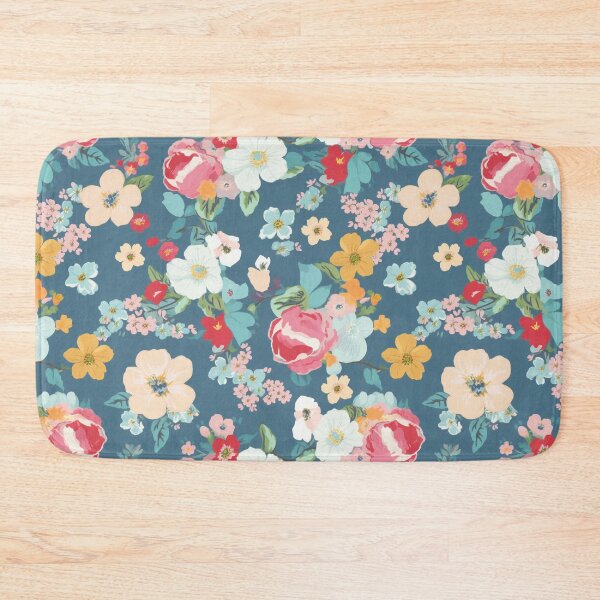 Item preview, Pink, White and Peach Floral Flowers, Pretty Feminine Pattern on Blue Background designed and sold by VintageFlorals.