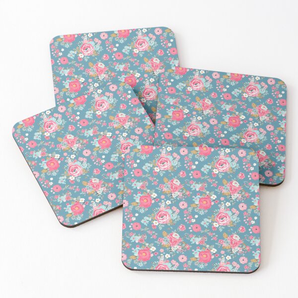 Item preview, Pink and Blue Shabby Chic  Floral Flowers, Pretty Feminine Pattern on Blue Background designed and sold by VintageFlorals.