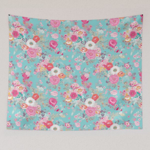 Item preview, Pink and Blue Shabby Chic  Floral Flowers, Pretty Feminine Pattern on Blue Background designed and sold by VintageFlorals.