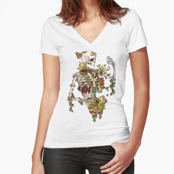 Women's Skeleton Pattern Printed Short Sleeve T-shirt V-shaped Collar Top 