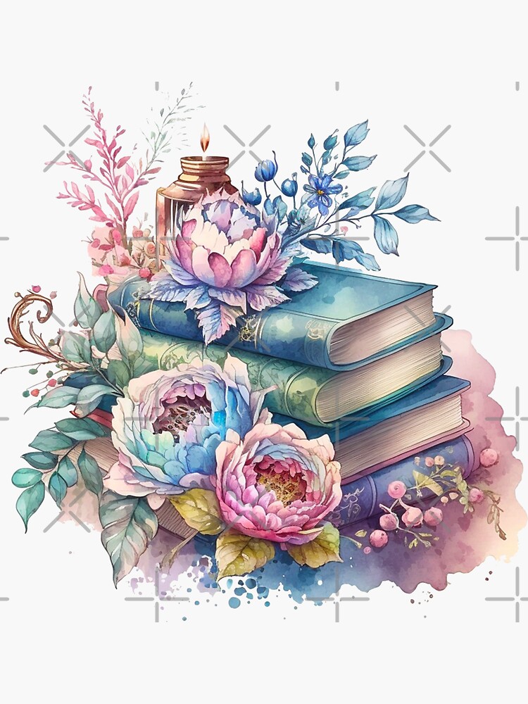 Floral Watercolor Stacked Books Sticker for Sale by DreamiDreams