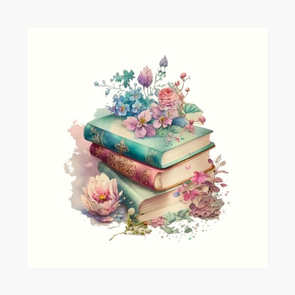 Printable, Digital File, Wall Art, Watercolor Stack of Books Surrounded by  Flowers 