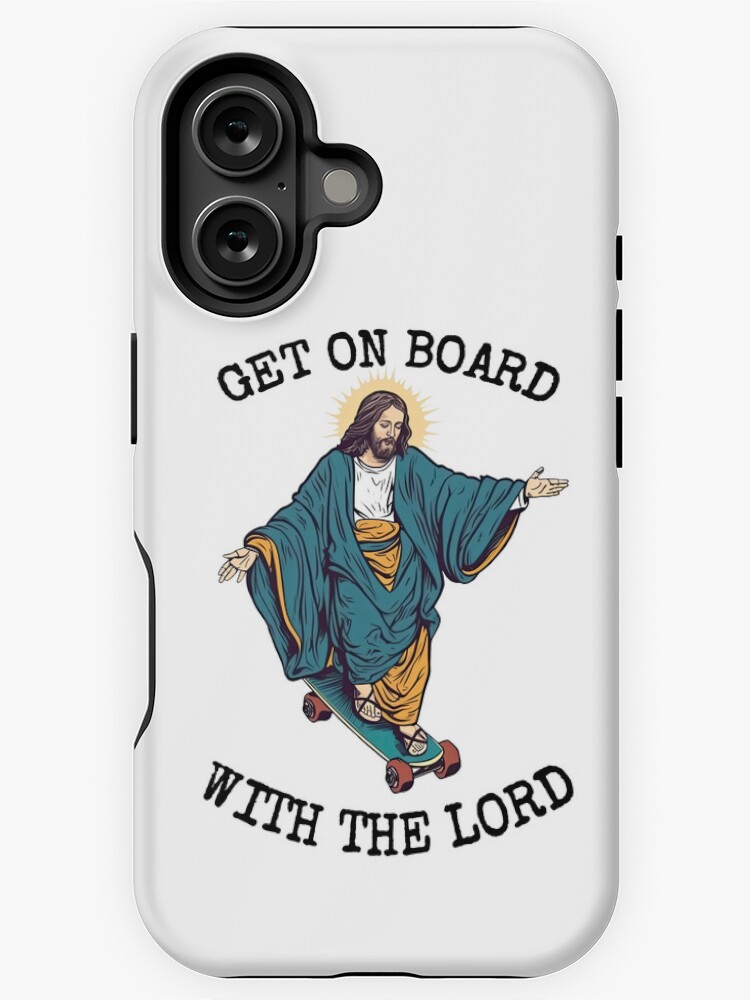 Thumbnail 1 of 4, iPhone Case, Funny Christian Skateboarding Humor - Get On Board With The Lord - Sarcastic Jesus Skating Longboard designed and sold by RockFireMerch.