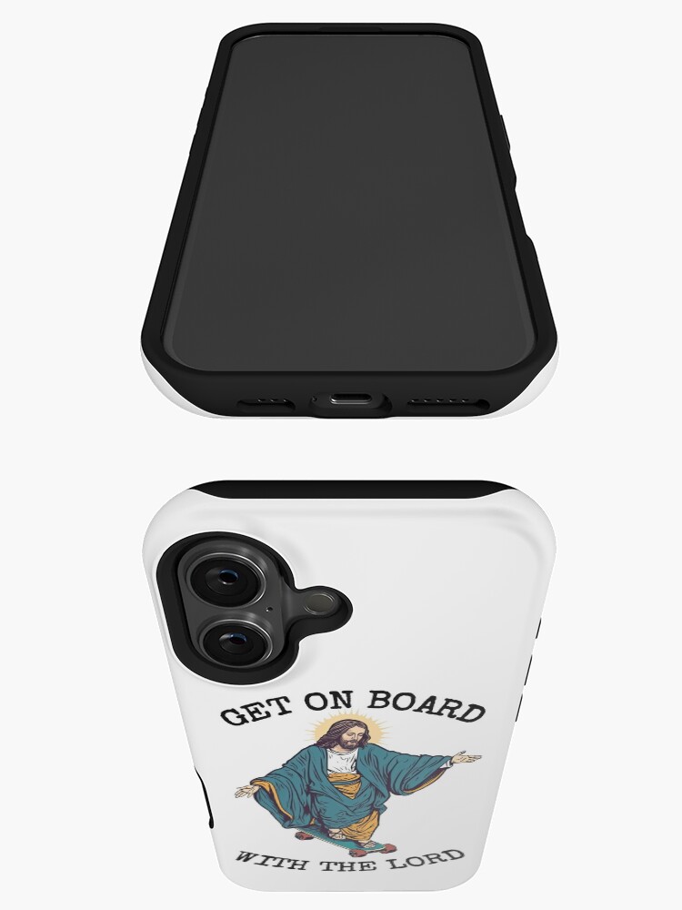 Thumbnail 3 of 4, iPhone Case, Funny Christian Skateboarding Humor - Get On Board With The Lord - Sarcastic Jesus Skating Longboard designed and sold by RockFireMerch.