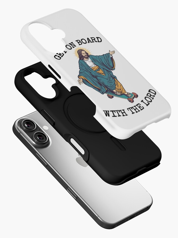 Thumbnail 2 of 4, iPhone Case, Funny Christian Skateboarding Humor - Get On Board With The Lord - Sarcastic Jesus Skating Longboard designed and sold by RockFireMerch.
