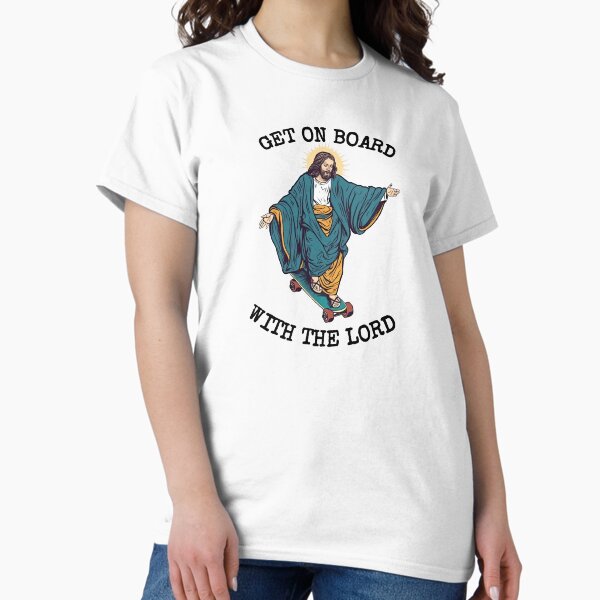 Item preview, Funny Christian Skateboarding Humor - Get On Board With The Lord - Sarcastic Jesus Skating Longboard designed and sold by RockFireMerch.