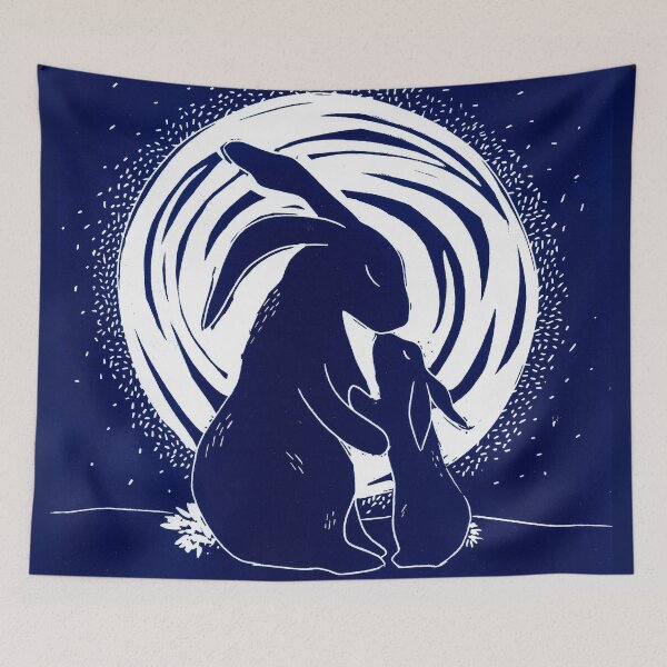 Item preview, Loving Bunnies Linocut in indigo blue designed and sold by Maddy Bennett.