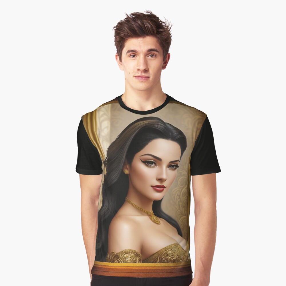The Elegant Golden Beauty Of Trecia Stelania Stetucci Alluring AI Concept Art Illustration by Xzendor7 Graphic T-Shirt