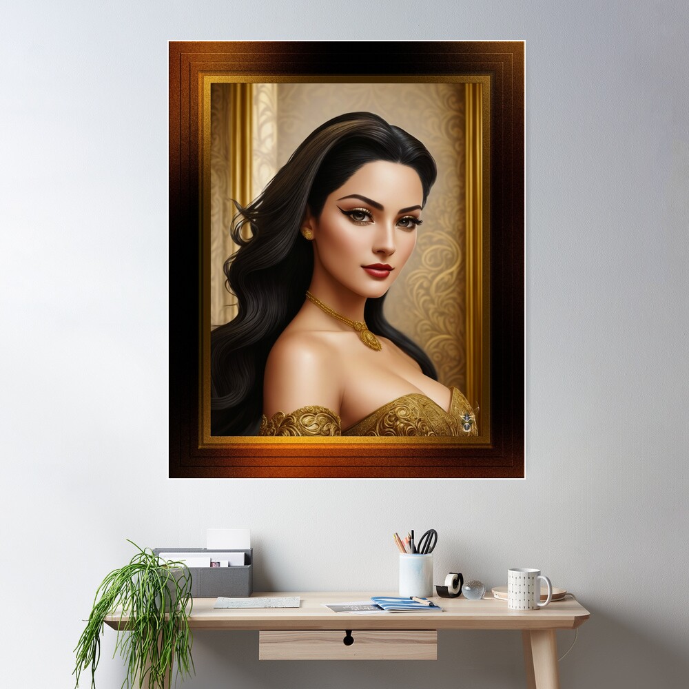 The Elegant Golden Beauty Of Trecia Stelania Stetucci Alluring AI Concept Art Illustration by Xzendor7 Wall Poster