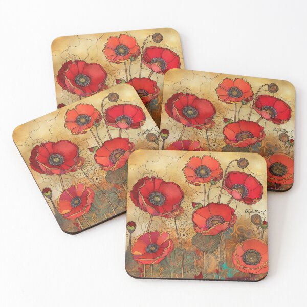 Item preview, Steampunk fullbloom poppies field watercolors with gold flakes . designed and sold by IrinaMinevich.