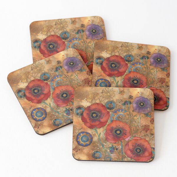 Item preview, Steampunk fullbloom poppies field watercolors with gold flakes . designed and sold by IrinaMinevich.