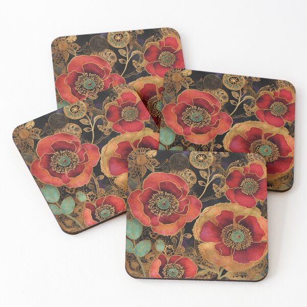 Item preview, Steampunk fullbloom poppies field watercolors with gold flakes designed and sold by IrinaMinevich.