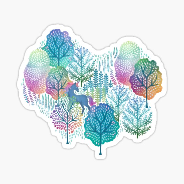 Vista previa del artículo con la obra «Bosque de arcoíris de unicornio oculto sobre un fondo blanco», diseñado y vendido por adenaJ.