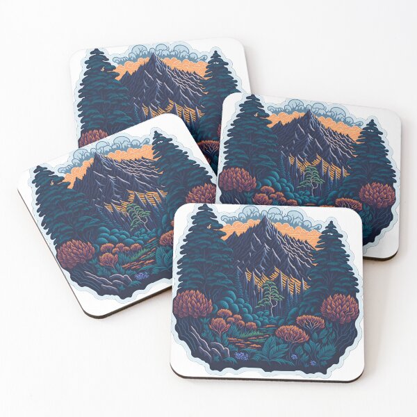 Item preview, Vibrant Sunset Mountains T-Shirt Graphic Realistic Stone Temple Vector Illustration Majestic Forest Trees Photorealistic Artwork White Background Fantasy Flower Surround Sticker designed and sold by RedArtG09.