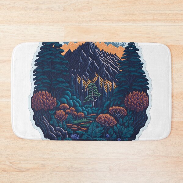 Item preview, Vibrant Sunset Mountains T-Shirt Graphic Realistic Stone Temple Vector Illustration Majestic Forest Trees Photorealistic Artwork White Background Fantasy Flower Surround Sticker designed and sold by RedArtG09.